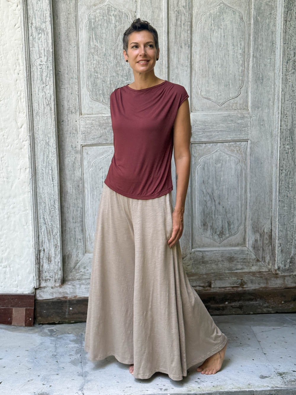 CARAUCCI Erna top in maroon lightweight rayon jersey with cap sleeves and draped neckline #color_wine