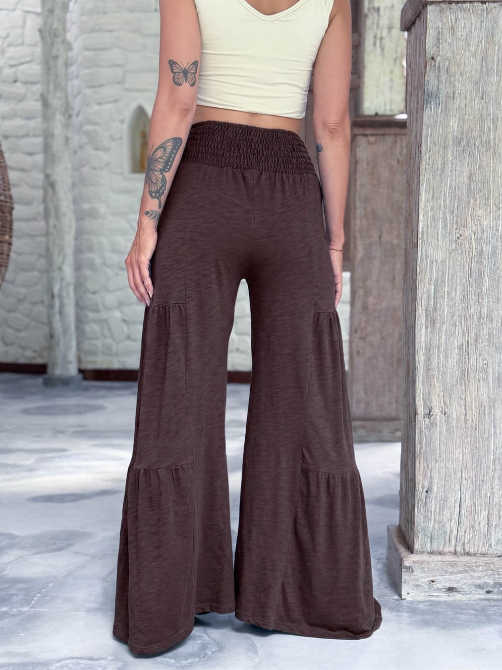 caraucci bella pants tiered wide leg brown cotton jersey pants with adjustable waist tie #color_cocoa