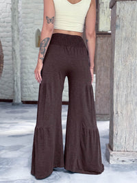 caraucci bella pants tiered wide leg brown cotton jersey pants with adjustable waist tie #color_cocoa