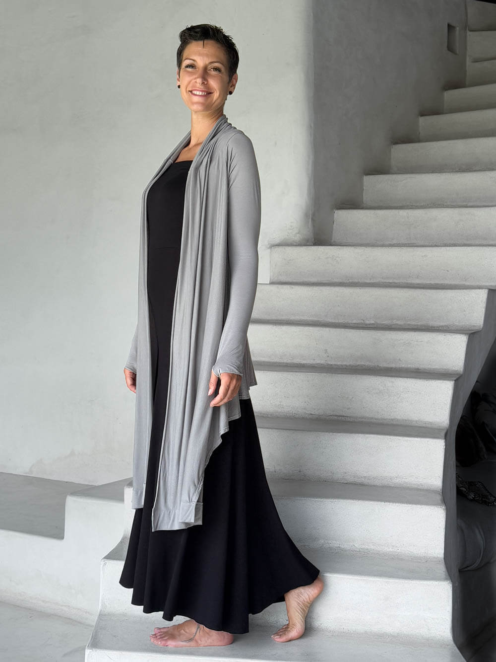 women's jersey light grey long sleeve convertible wrap jacket with thumbholes that can be worn 2 ways #color_stone