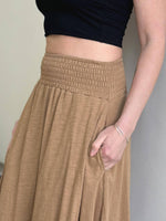 caraucci gold cotton smocked waist pocket skirt #color_camel