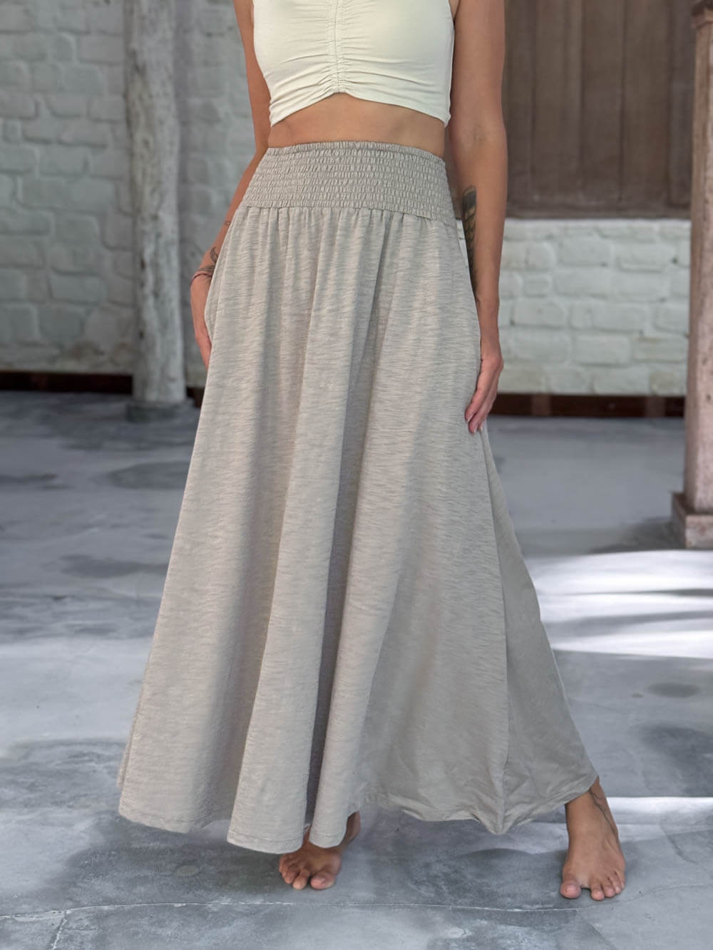 caraucci soft stone neutral cotton smocked waist full maxi skirt with pockets #color_sahara