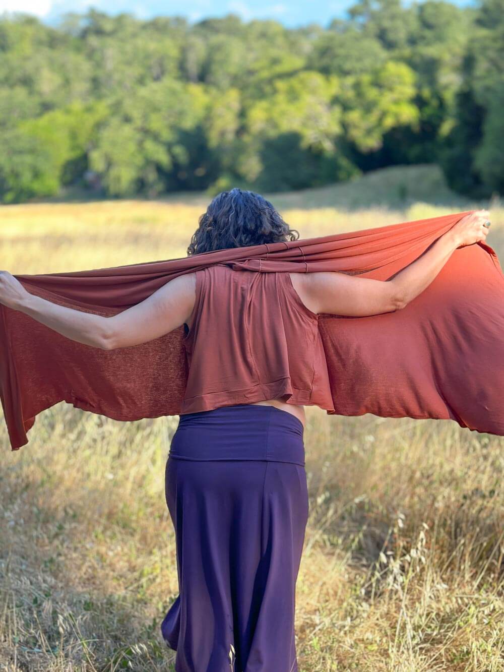 caraucci plant-based rayon jersey convertible burnt orange copper wrap vest can be worn multiple way #color_copper