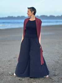 caraucci cotton smocked waist black wide leg flow pants #color_black