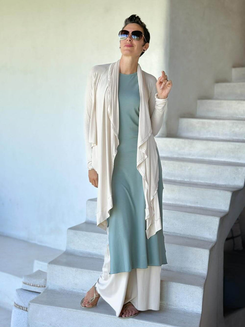 women's plant-based rayon jersey versatile cream long sleeve convertible wrap jacket with thumbholes that can be worn 2 ways #color_cream