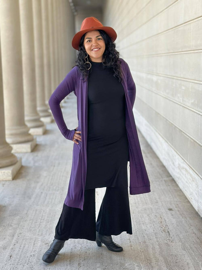 women's plant-based rayon jersey versatile purple long sleeve convertible wrap jacket with thumbholes that can be worn 2 ways #color_plum