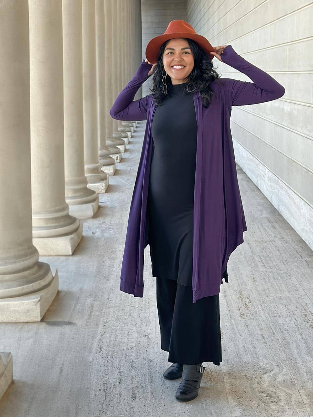 women's plant-based rayon jersey versatile purple long sleeve convertible wrap jacket with thumbholes that can be worn 2 ways #color_plum