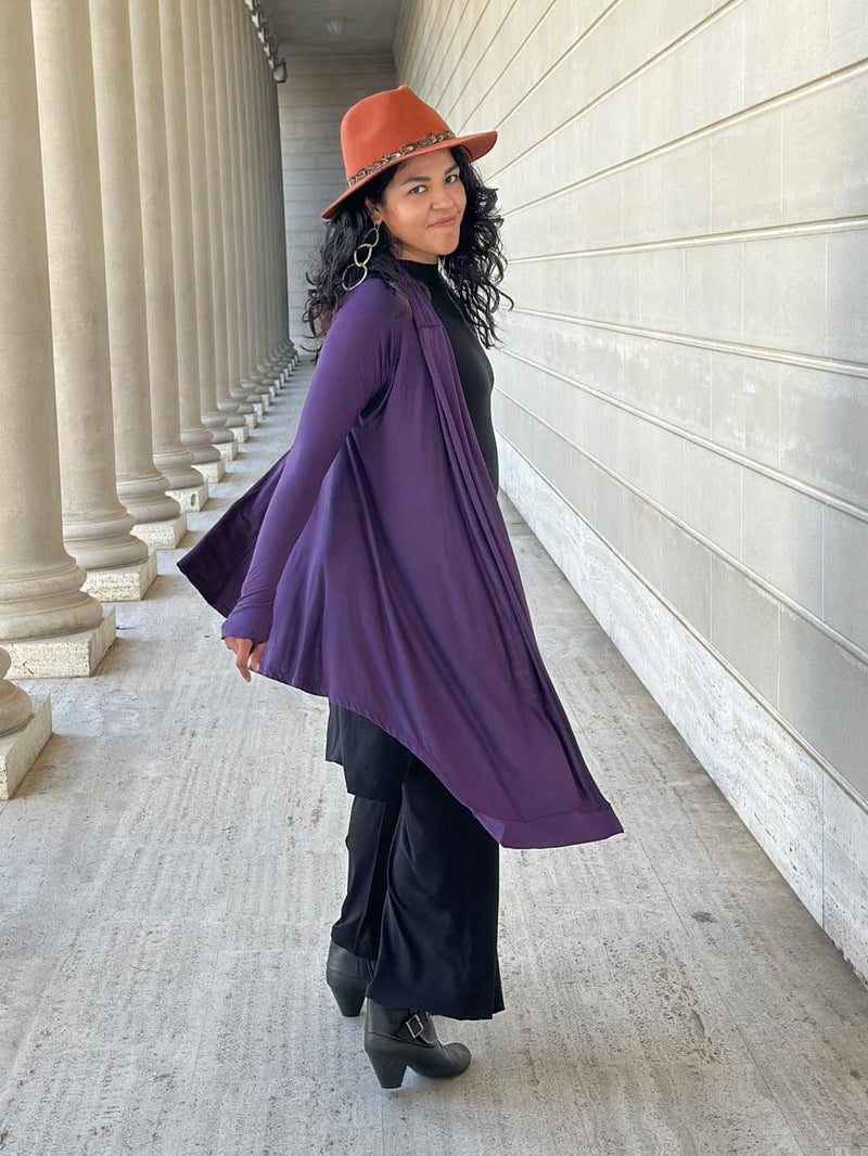 women's plant-based rayon jersey versatile purple long sleeve convertible wrap jacket with thumbholes that can be worn 2 ways #color_plum