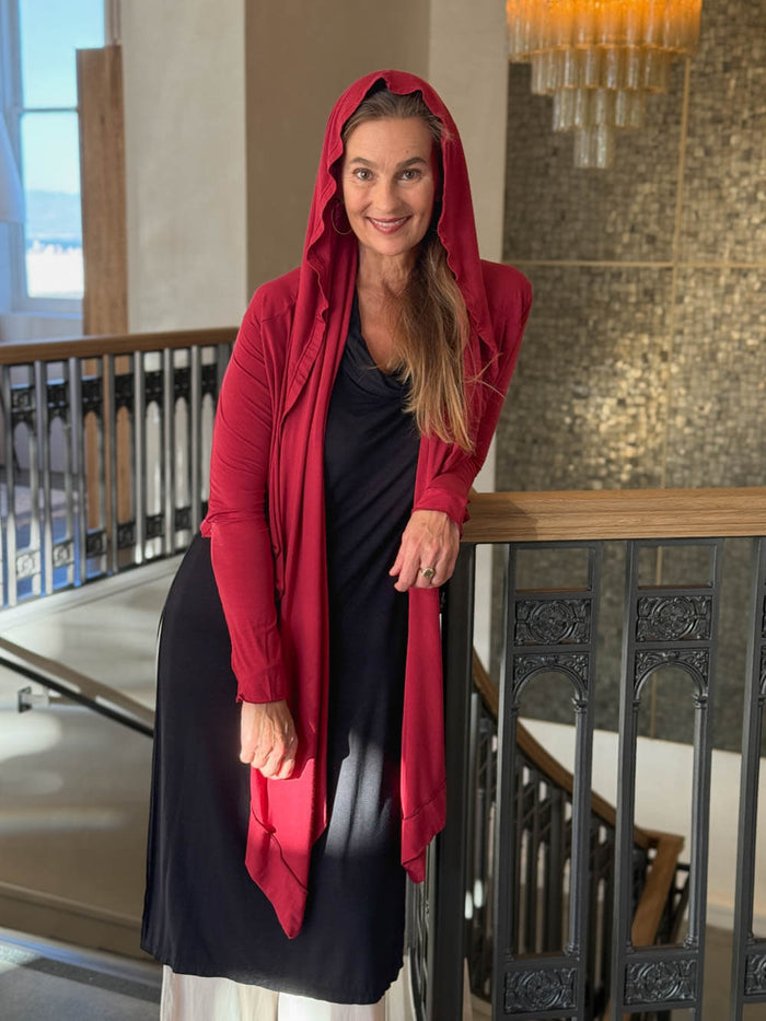 women's long sleeve scarlet red wrap cardigan with thumbholes that can be worn 2 ways #color_scarlet