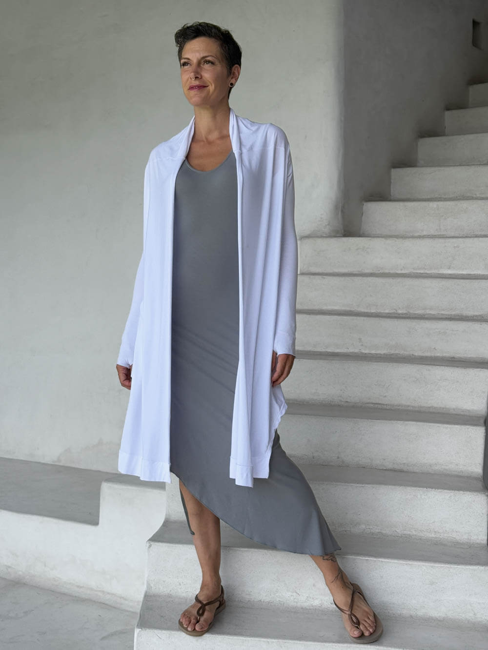 womens long sleeve jersey white wrap jacket with thumbholes that can be worn 2 ways #color_white