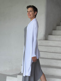 womens long sleeve jersey white wrap jacket with thumbholes that can be worn 2 ways #color_white