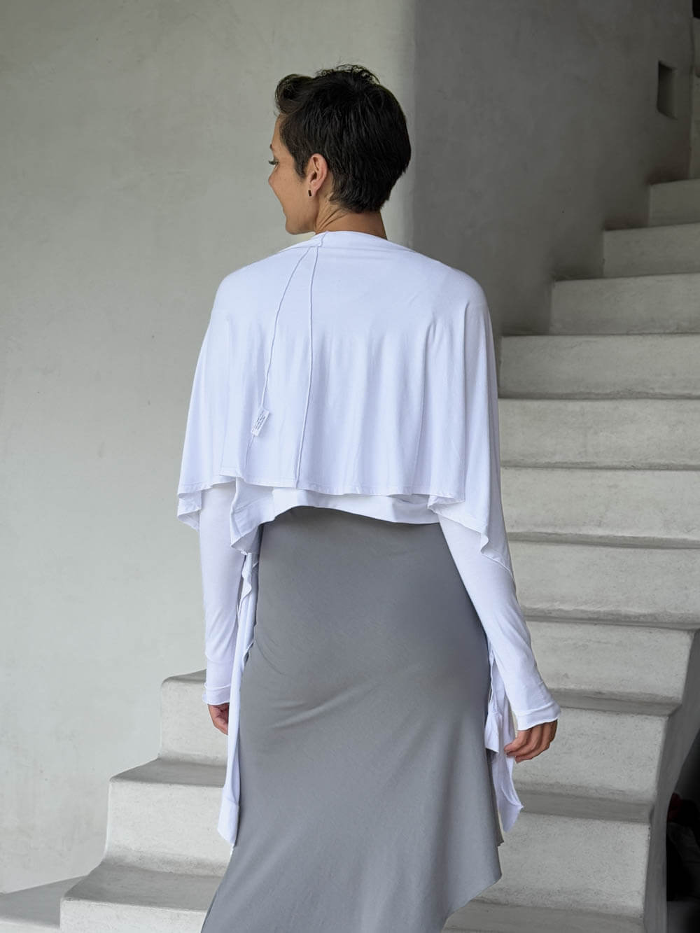 womens long sleeve jersey white wrap jacket with thumbholes that can be worn 2 ways #color_white