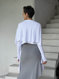 womens long sleeve jersey white wrap jacket with thumbholes that can be worn 2 ways #color_white