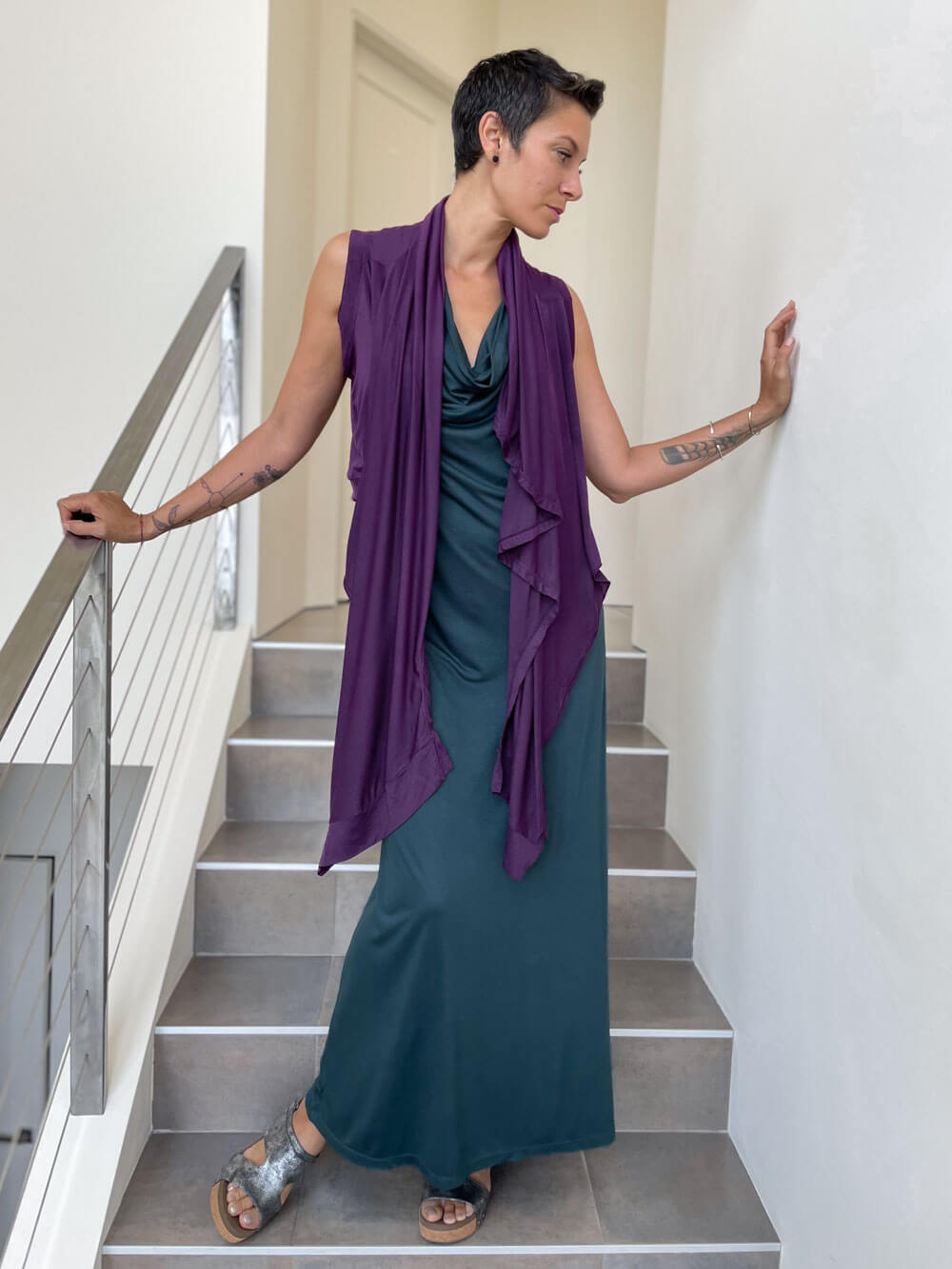 caraucci plant-based rayon jersey convertible purple wrap vest can be worn multiple way #color_plum