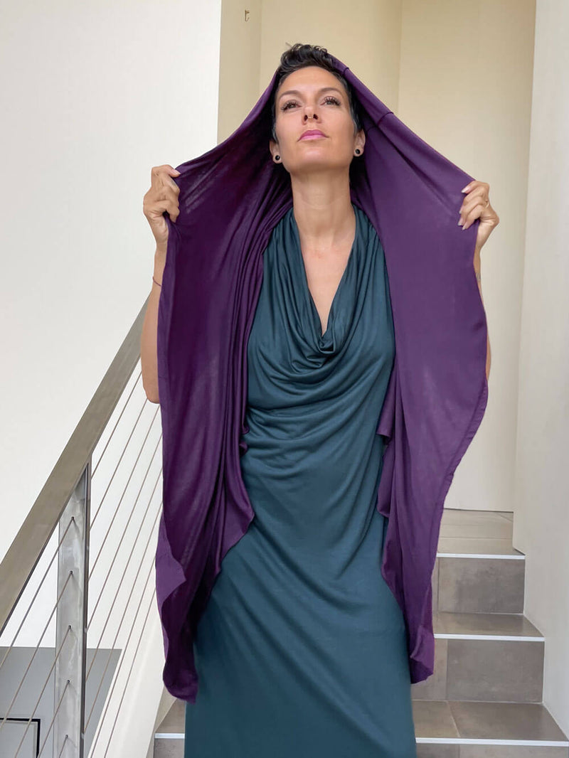 caraucci plant-based rayon jersey convertible purple wrap vest can be worn multiple way #color_plum
