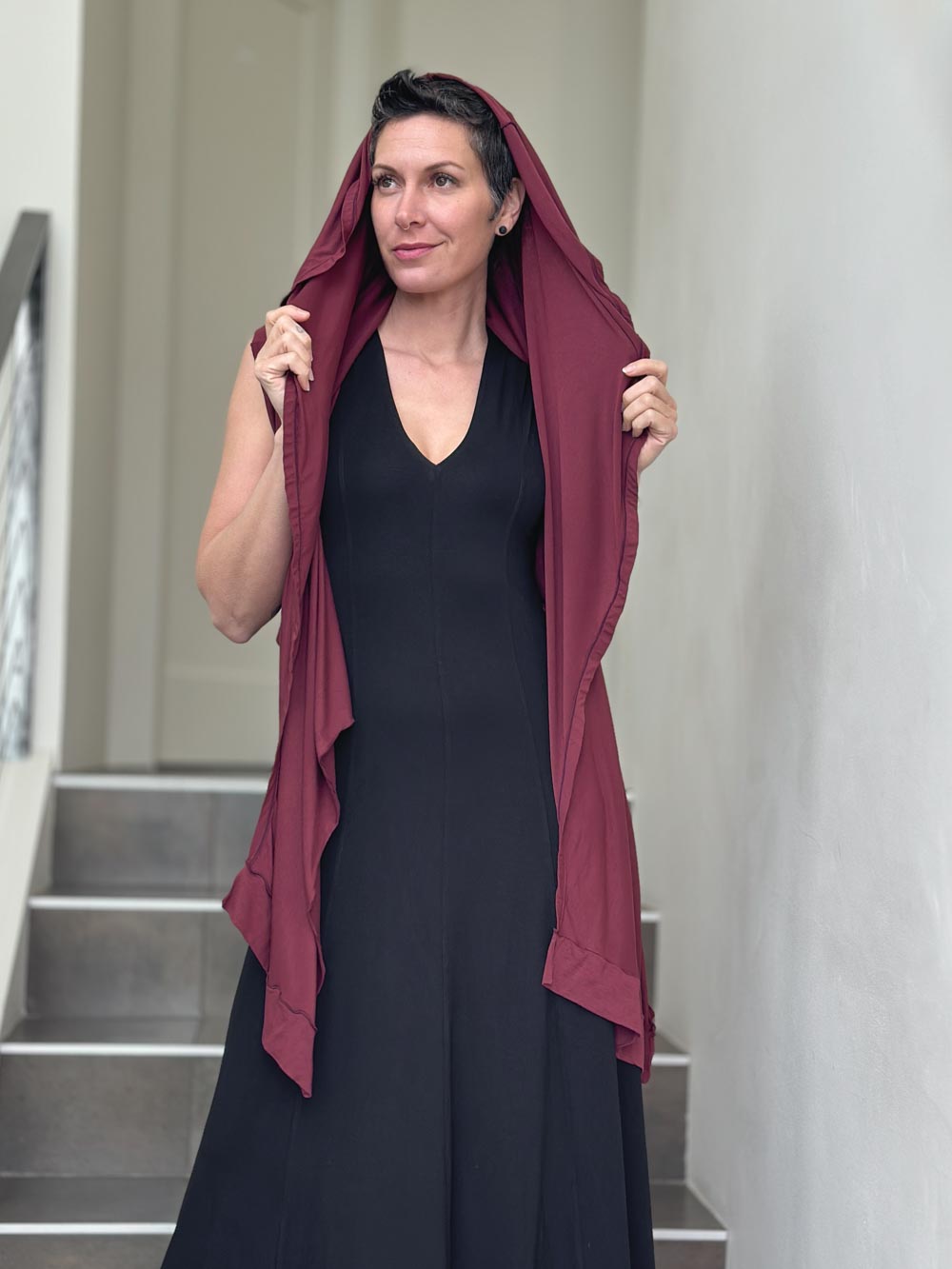 caraucci  jersey convertible maroon wrap vest can be worn multiple way #color_wine