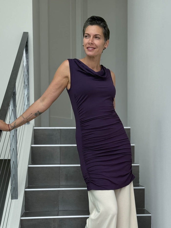 caraucci women's plant-based rayon jersey purple tunic with ruched sides #color_plum