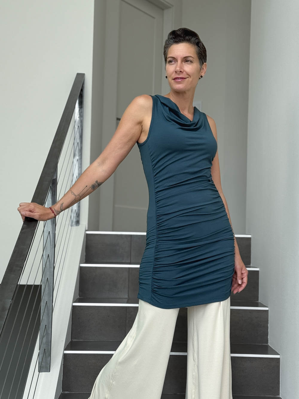 caraucci women's plant-based rayon jersey teal blue tunic with ruched sides #color_teal