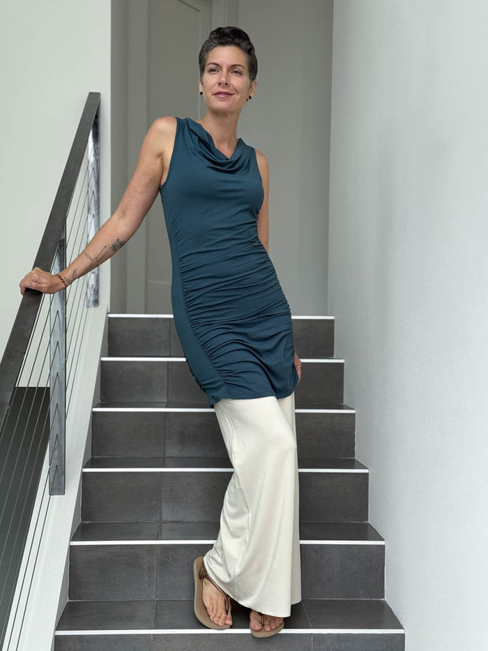 caraucci women's plant-based rayon jersey teal blue tunic with ruched sides #color_teal