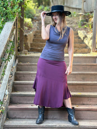 caraucci plant-based stretchy jersey pull-on convertible purple asymmetrical midi skirt #color_jam