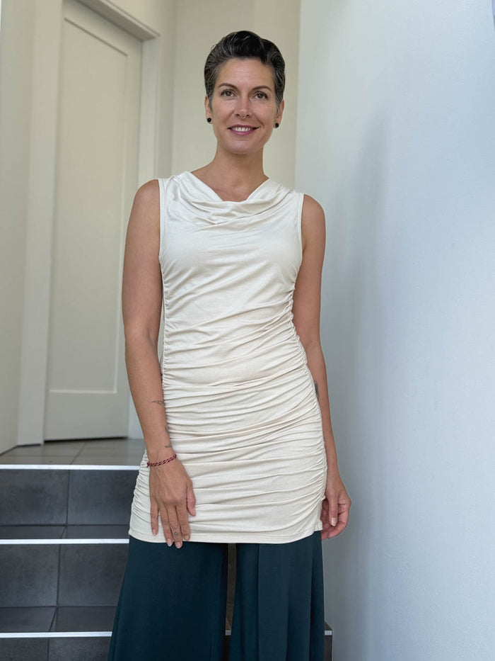 caraucci women's jersey cream dress or tunic with ruched sides #color_cream