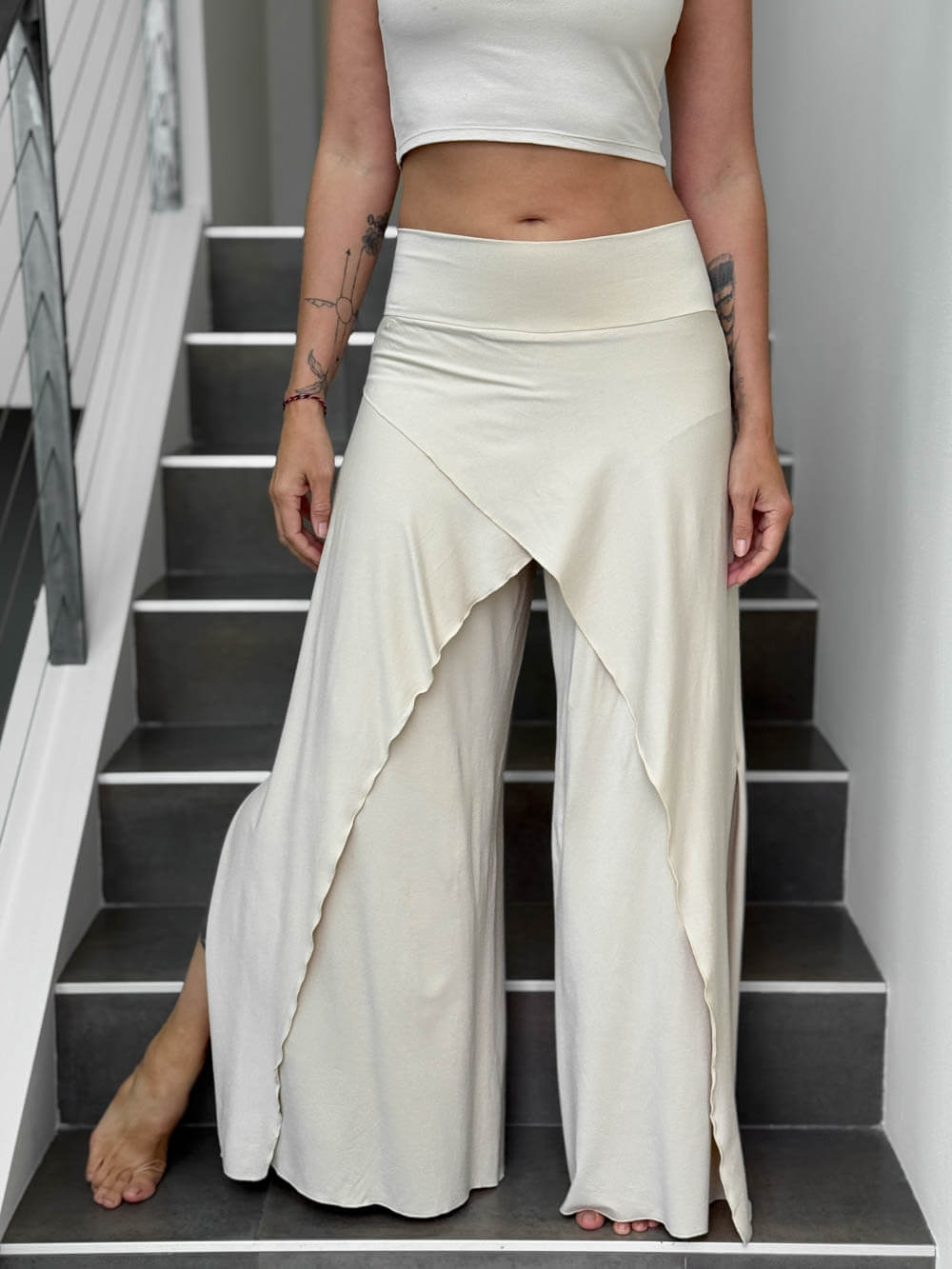Cross Over Wide Leg Slit Flare Pants | Women's Plant-Based Pants