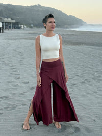 caraucci high waisted maroon wide leg high side slit pants #color_wine