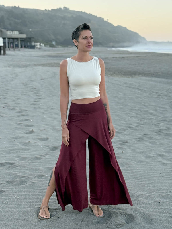 caraucci high waisted maroon wide leg high side slit pants #color_wine