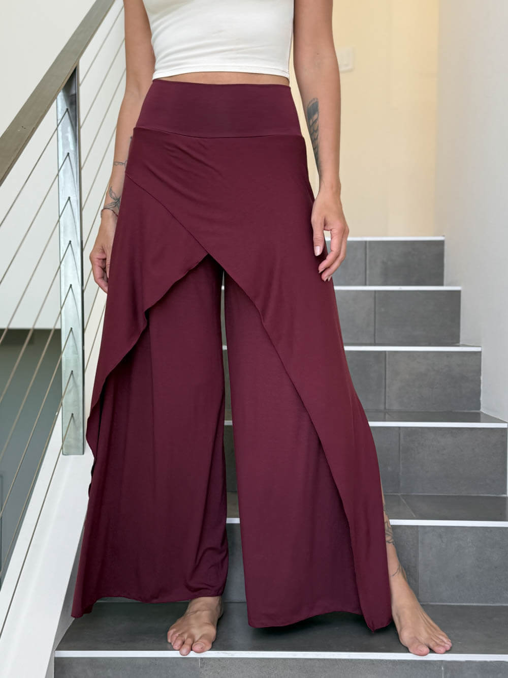 Cross Over Wide Leg Slit Flare Pants | Women's Plant-Based Pants