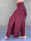 women's natural stretch rayon jersey wide leg side slit elastic waistband pants #color_wine