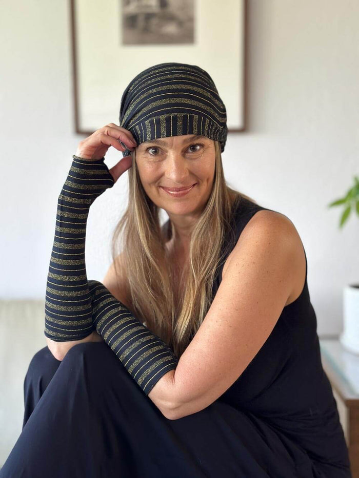 women's gold striped black fingerless gloves #color_black