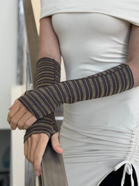 women's gold striped fingerless gloves in brown #color_chocolate