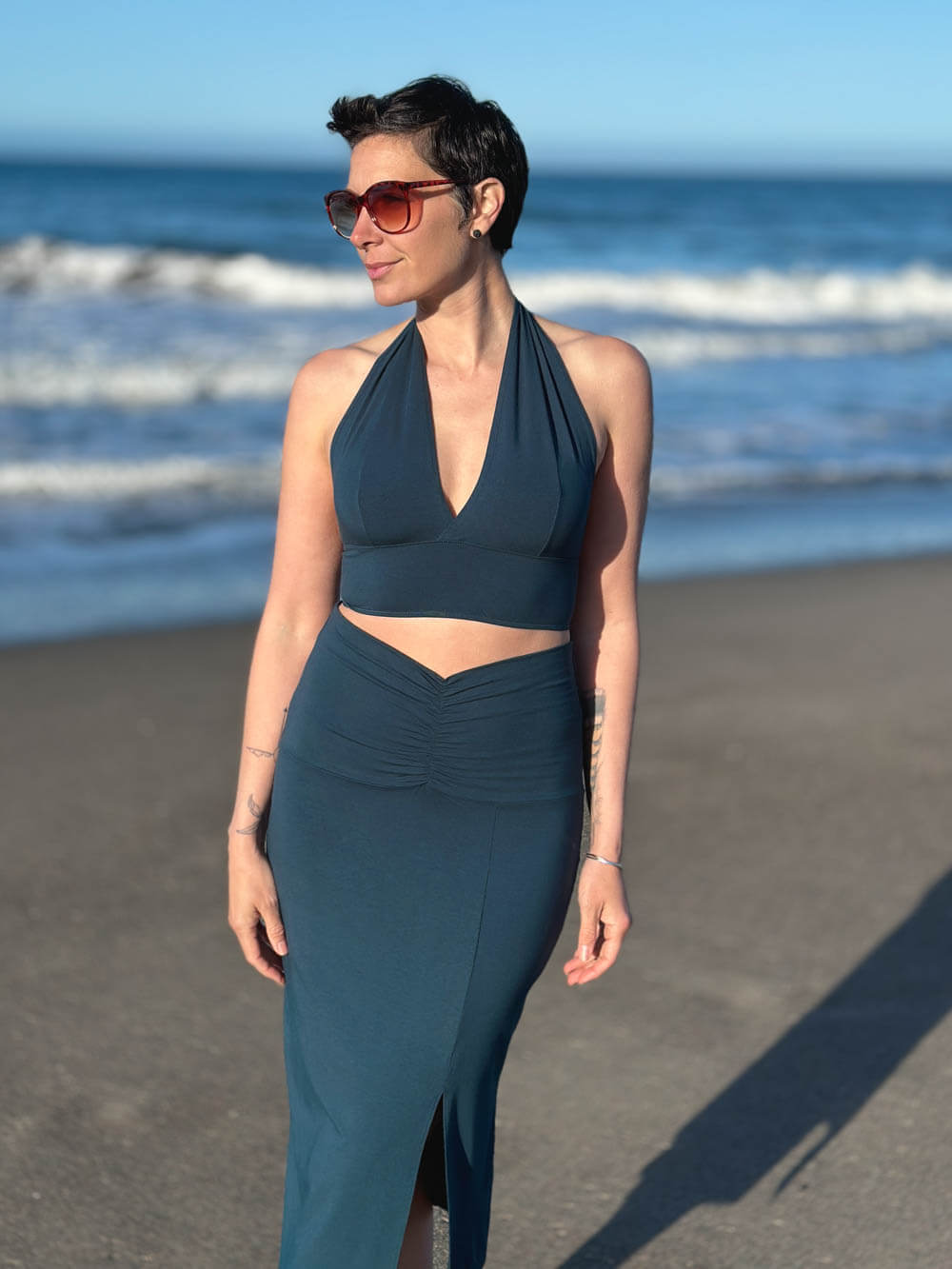 caraucci teal blue ruched waist midi slit skirt #color_teal