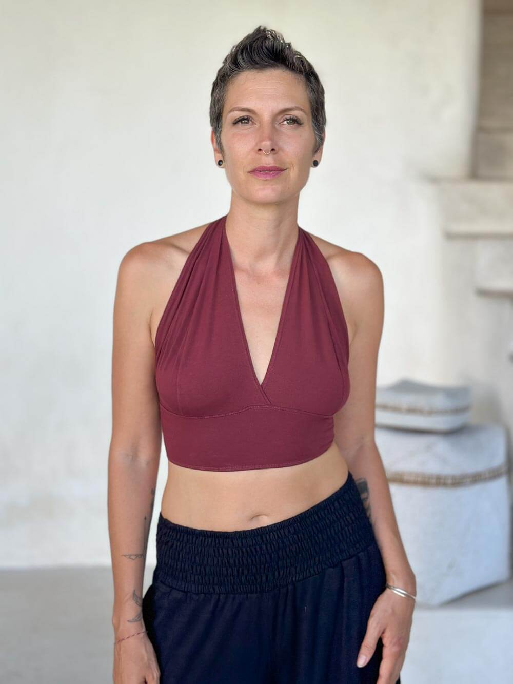 women's stretchy plant based rayon jersey maroon halter bra top #color_wine