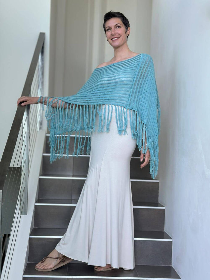 caraucci aqua blue hand-knit cotton fringe poncho #color_aqua