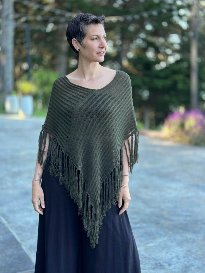 caraucci army green hand-knit cotton fringe poncho #color_army