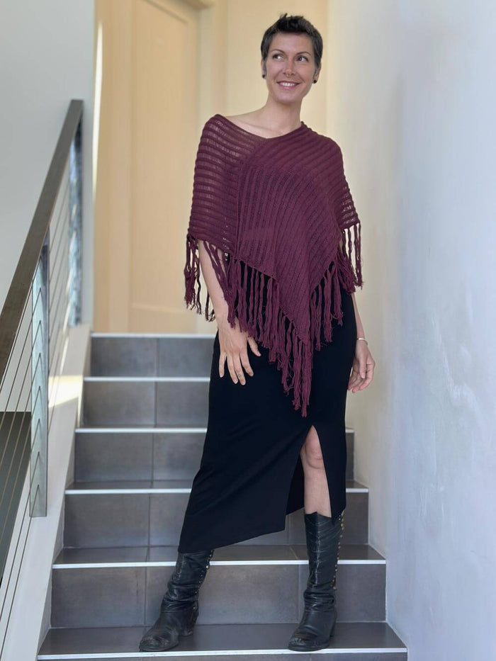 caraucci maroon hand-knit cotton fringe poncho #color_merlot