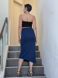 caraucci navy blue ruched waist midi slit skirt #color_navy