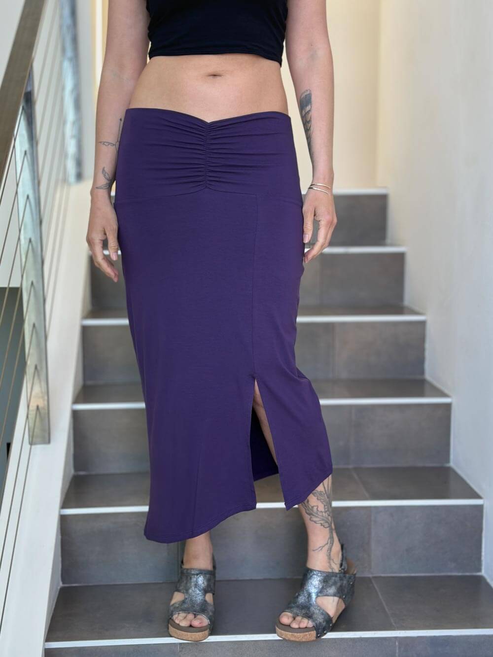 caraucci purple ruched waist midi slit skirt #color_plum