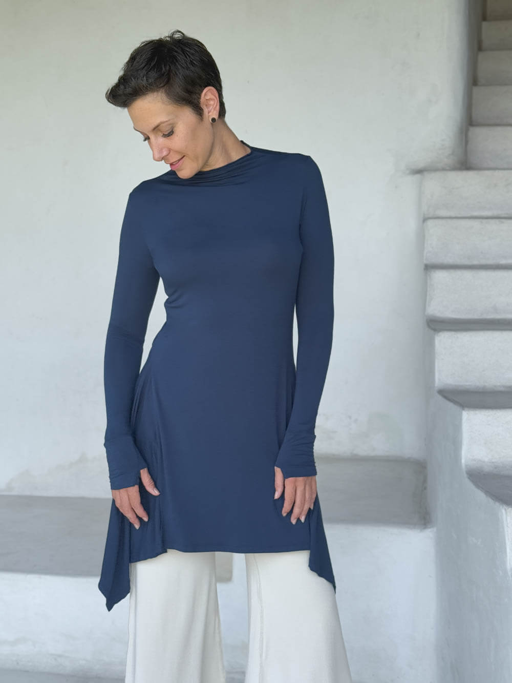 Long Sleeve High Neck Flow Tunic | Women's Long Sleeve Jersey Tunics Navy / S/M Long Sleeve High Neck Flow Tunic | Women's Long Sleeve Jersey Tunics Navy / S/M