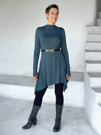 caraucci high neck teal high neck long sleeve swing tunic with thumbholes #color_teal
