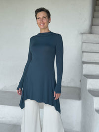 caraucci high neck teal high neck long sleeve swing tunic with thumbholes #color_teal