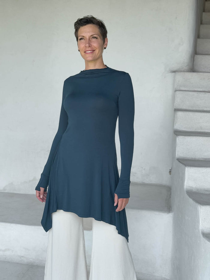 caraucci high neck teal high neck long sleeve swing tunic with thumbholes #color_teal