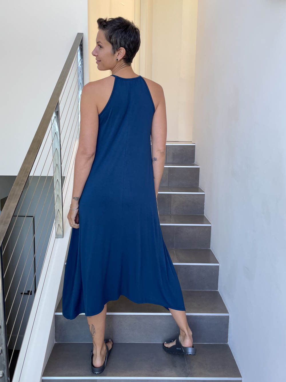 caraucci lightweight loose fit navy high neck maxi dress #color_navy