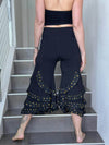 caraucci women's cotton lycra stretchy black ruffle bloomer pants with batik print trim #color_brass