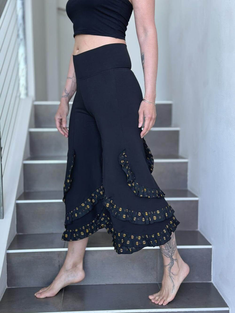 caraucci women's cotton lycra stretchy black ruffle bloomer pants with batik print trim #color_brass