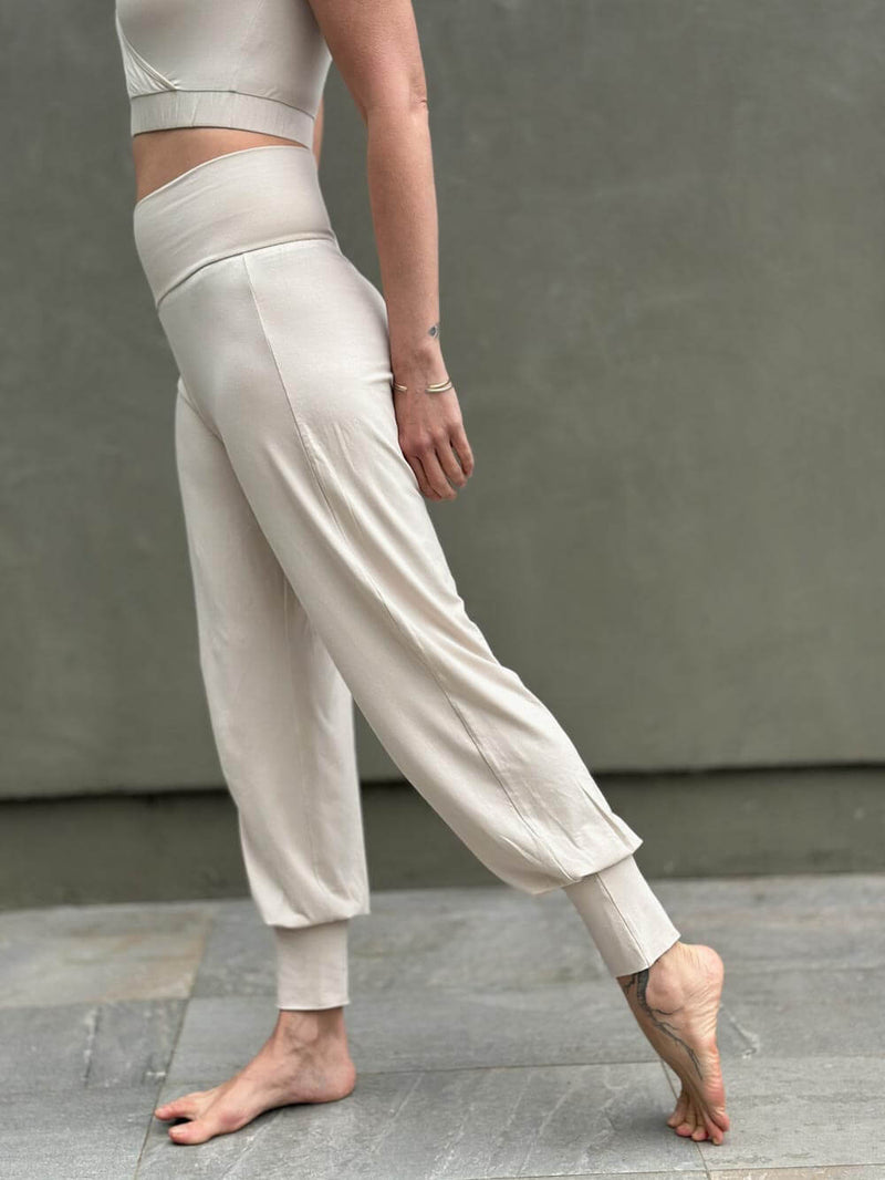 caraucci women's natural jersey comfortable loose fit cream slim jogger pants with fold over waistband  #color_cream
