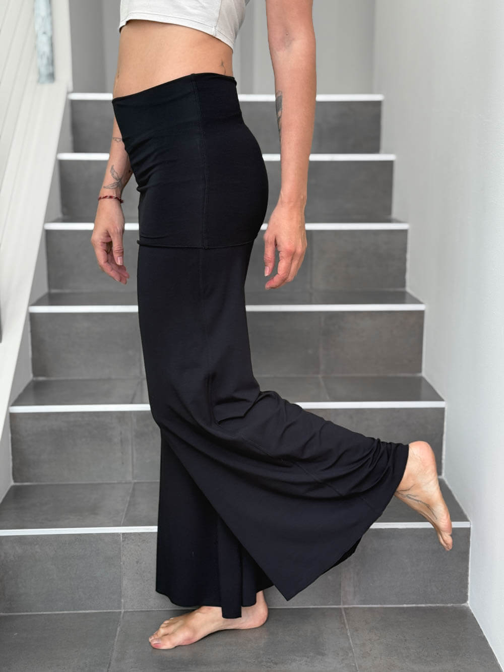 caraucci stretch jersey black skirt-over wide leg flow pants #color_black