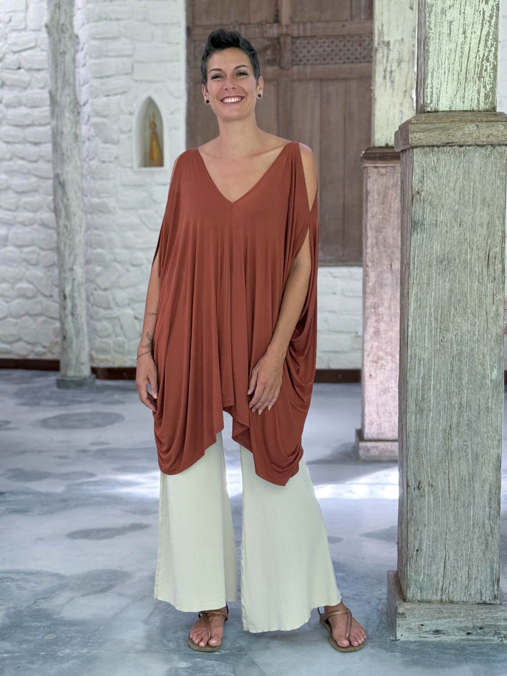 caraucci lightweight jersey draped soft orange kaftan tunic with open shoulders #color_copper