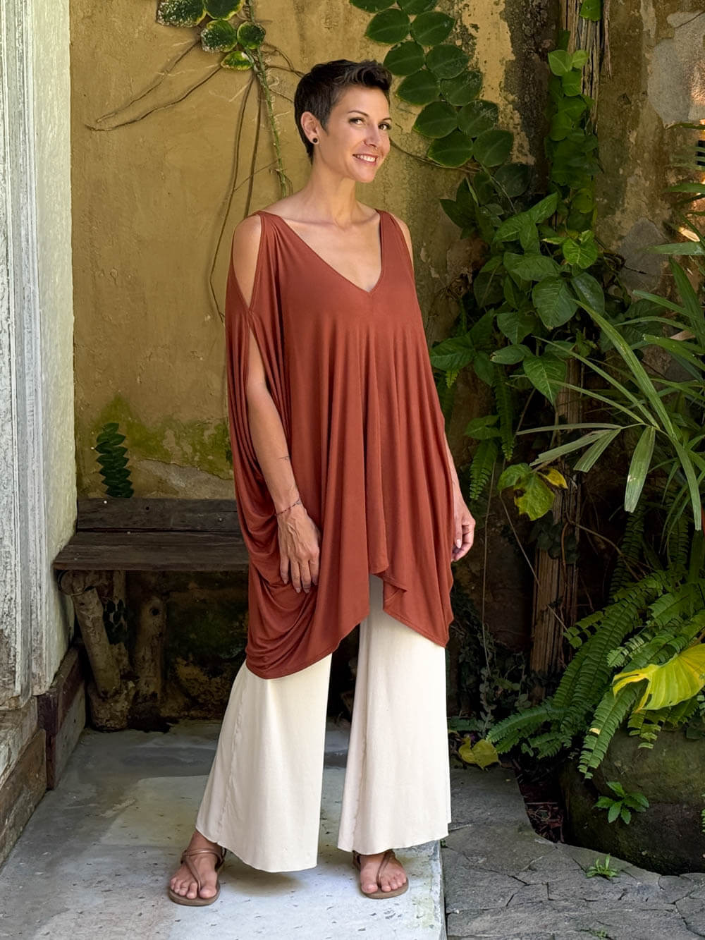 caraucci lightweight jersey draped soft orange kaftan tunic with open shoulders #color_copper